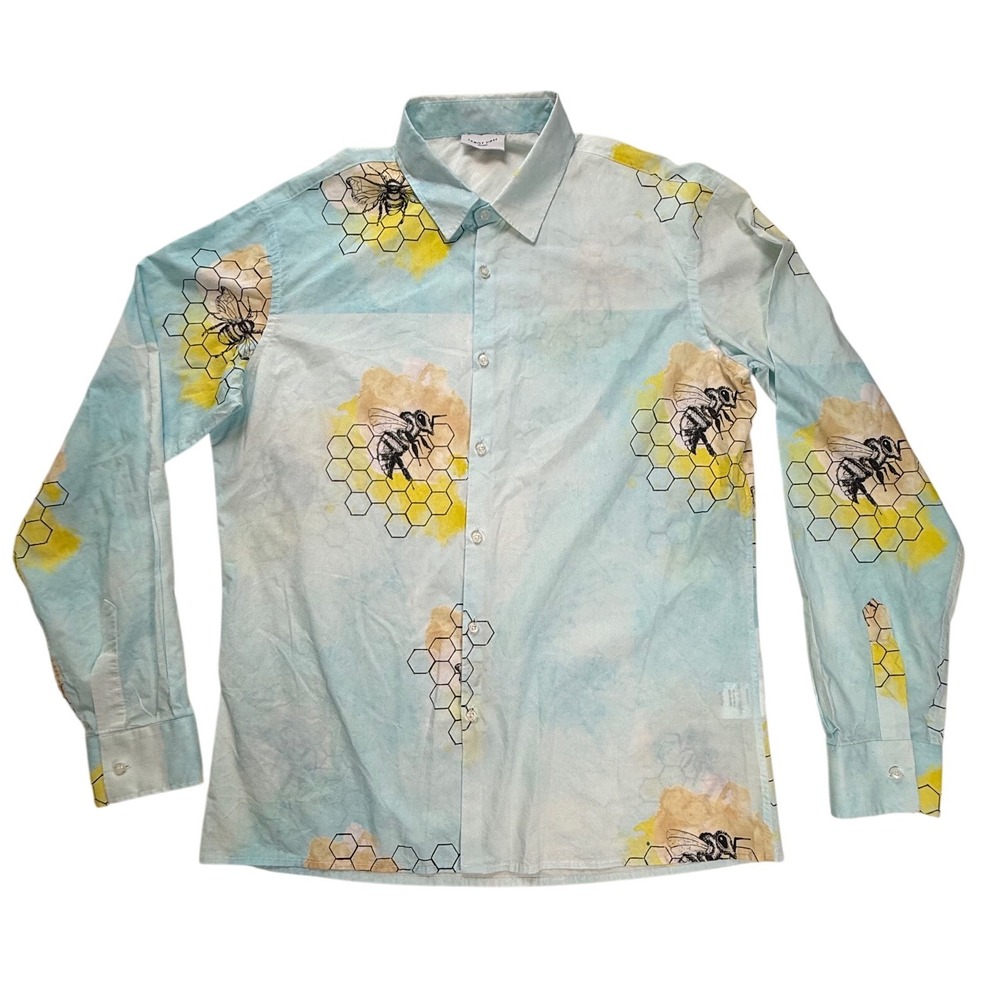 Family First Milano Mens Bee Honeycomb Graphic Print Button Down Shirt Blue L
